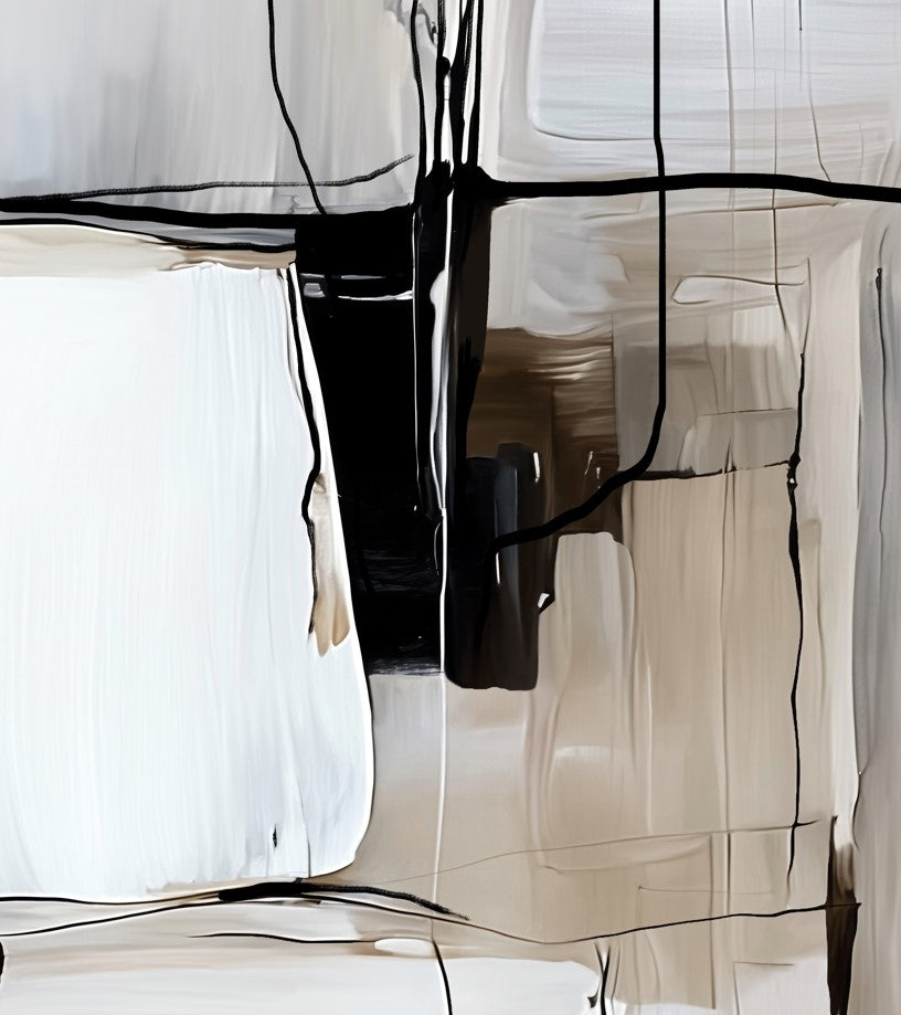 Abstract geometric wall art featuring bold black lines, textured white and beige blocks, and smooth cream-toned painted areas.