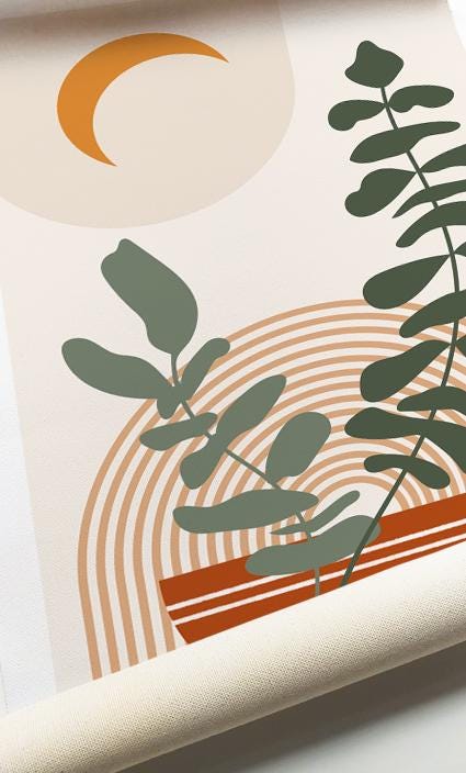 Unframed terracotta boho print featuring abstract leaves, shown partially rolled for shipping