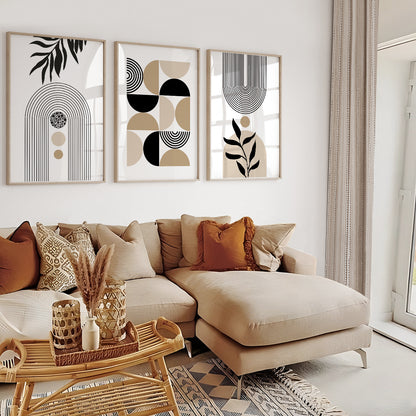 Modern geometric gallery wall featuring black, beige, and ivory abstract compositions