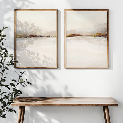 Neutral abstract landscape wall art set of 2 with soft beige lake scenery