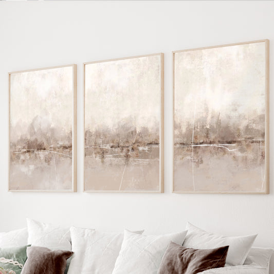 Neutral abstract landscape wall art set featuring misty lake scenery in beige tones