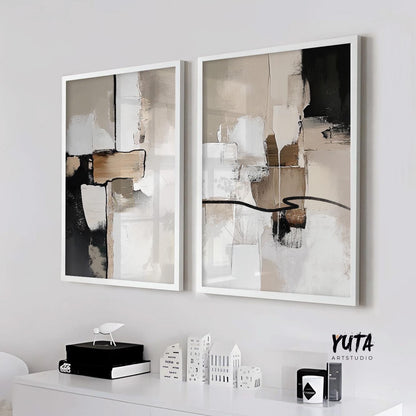 neutral abstract paintings with contemporary brushwork and textured geometric forms for living room decor