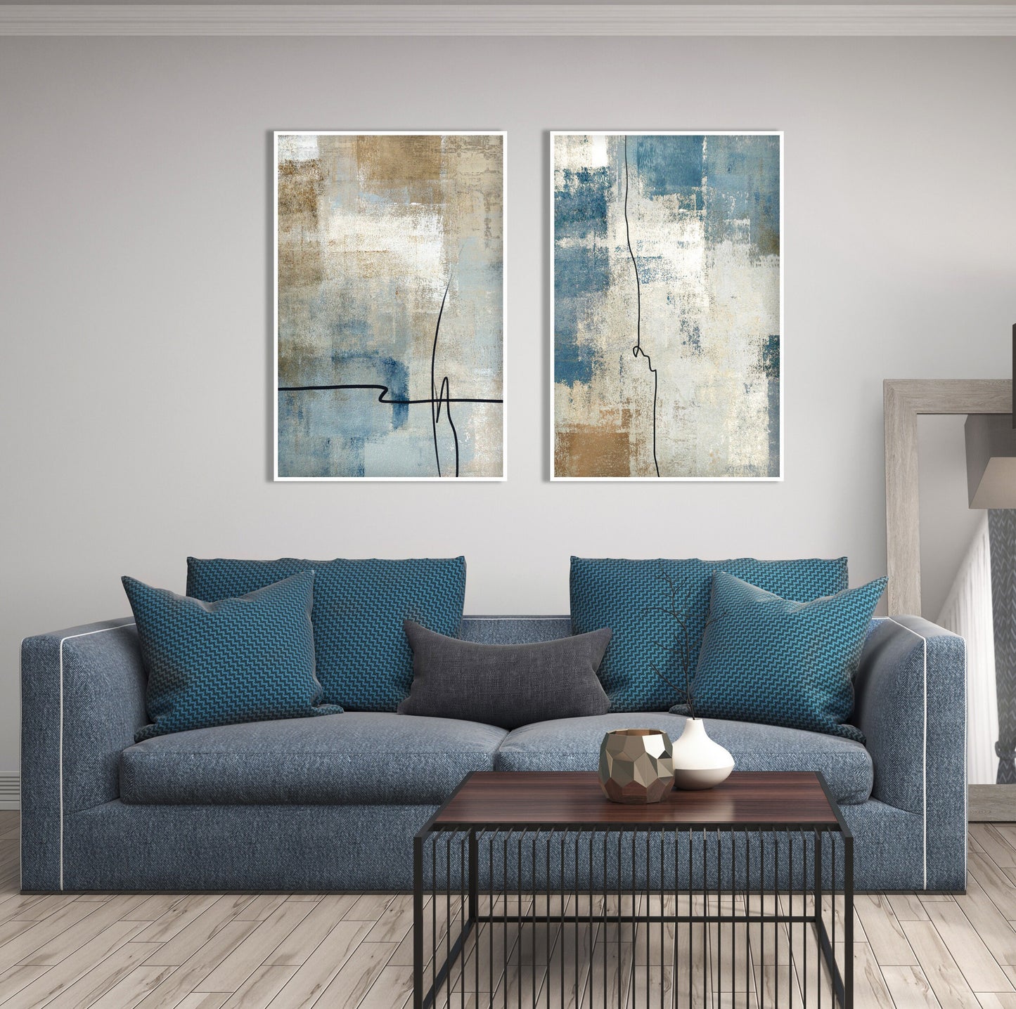 Neutral abstract wall art featuring blue accents, beige textures and minimalist abstract composition
