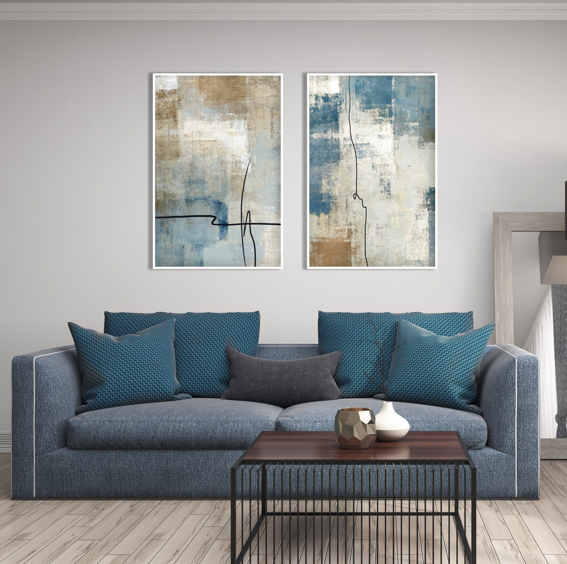 Neutral abstract wall art featuring blue accents, beige textures and minimalist abstract composition