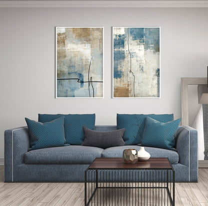 Neutral abstract wall art featuring blue accents, beige textures and minimalist abstract composition