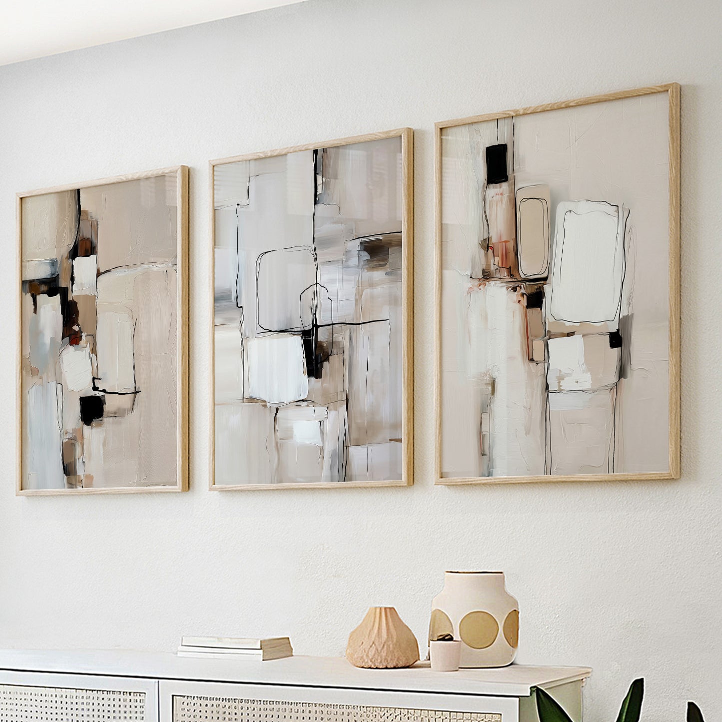 Neutral abstract wall art set of 3 featuring textured beige geometric compositions and expressive brushstrokes