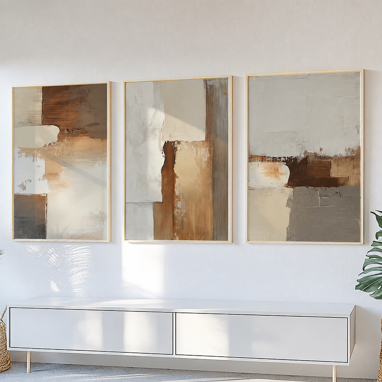 Modern living room featuring contemporary wall art gallery above a neutral sofa