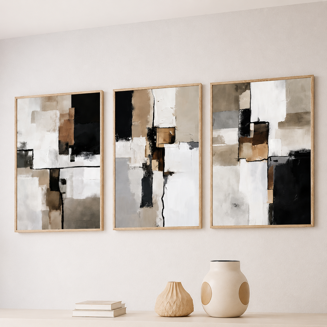 Set of three neutral abstract wall art prints in beige, black, white, and taupe displayed in natural wood frames in a modern living room.