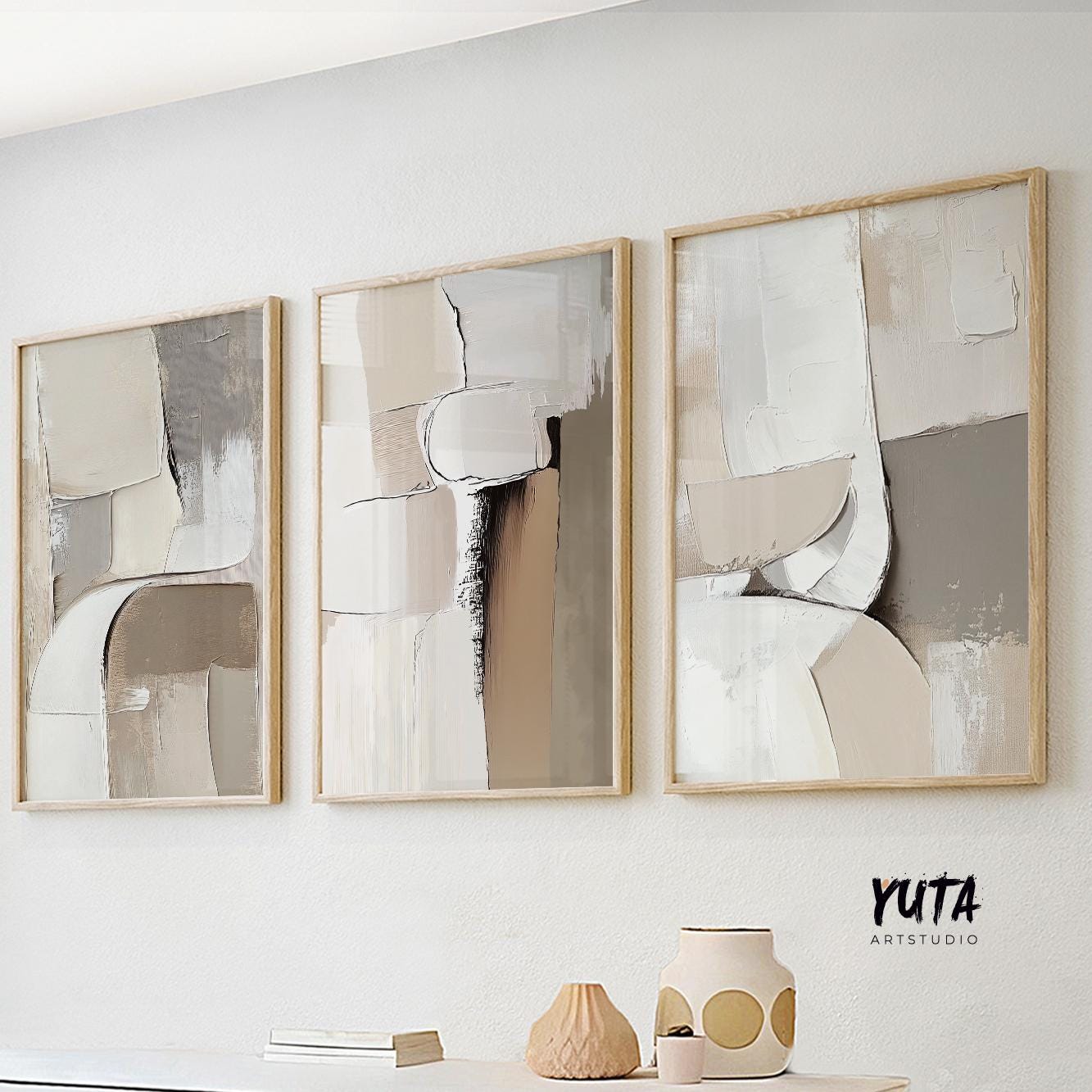 Neutral abstract wall art set featuring textured beige shapes, soft taupe tones and contemporary minimalist design