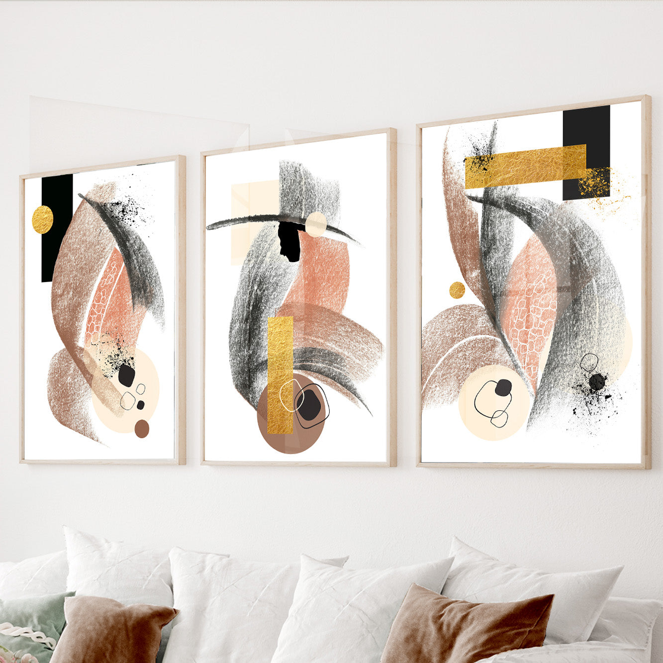 Neutral abstract wall art set of 3 featuring expressive brushstrokes, geometric forms, and textured gold accents