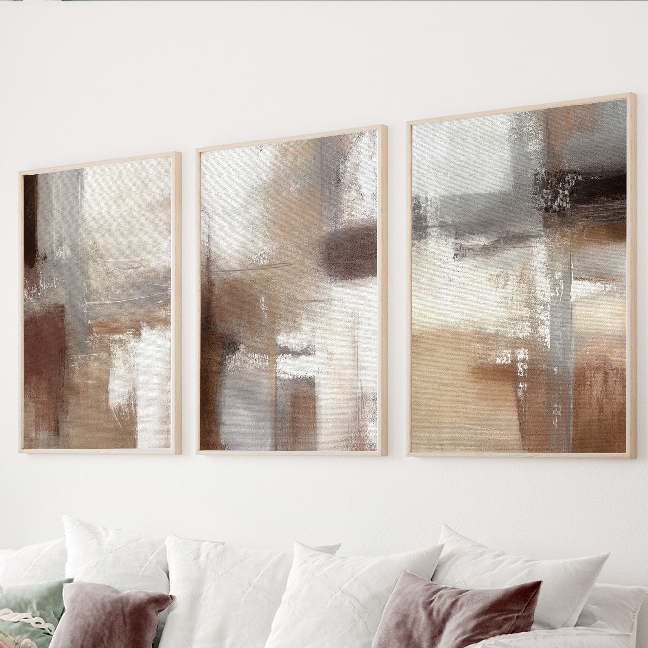 Neutral abstract wall art set of 3 in beige and warm brown tones