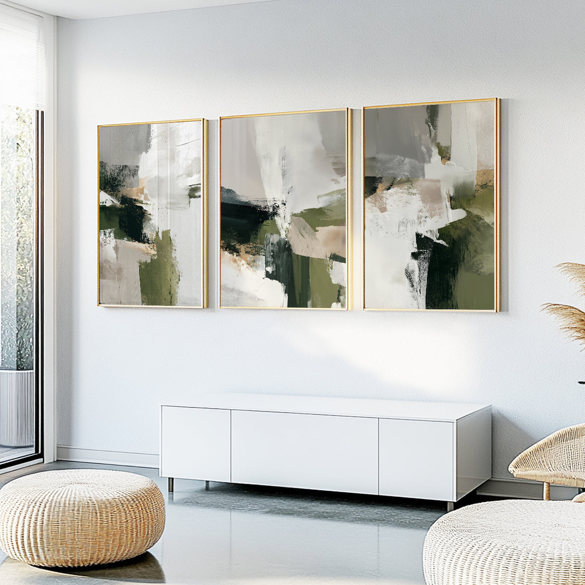 Neutral abstract wall art set featuring minimalist painterly shapes in sage green, white, taupe and charcoal tones.