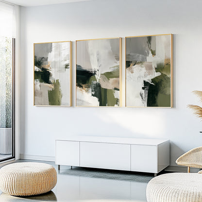 Neutral abstract wall art set featuring minimalist painterly shapes in sage green, white, taupe and charcoal tones.