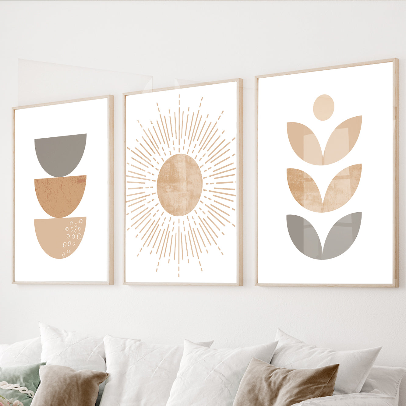 Neutral boho wall art set of 3 featuring minimalist geometric shapes and abstract sun artwork
