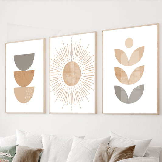 Neutral boho wall art set of 3 featuring minimalist geometric shapes and abstract sun artwork