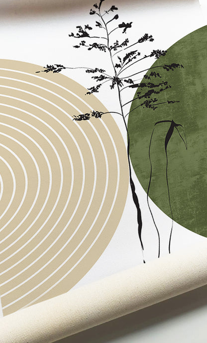 Organic botanical artwork featuring minimalist leaves and textured abstract shapes