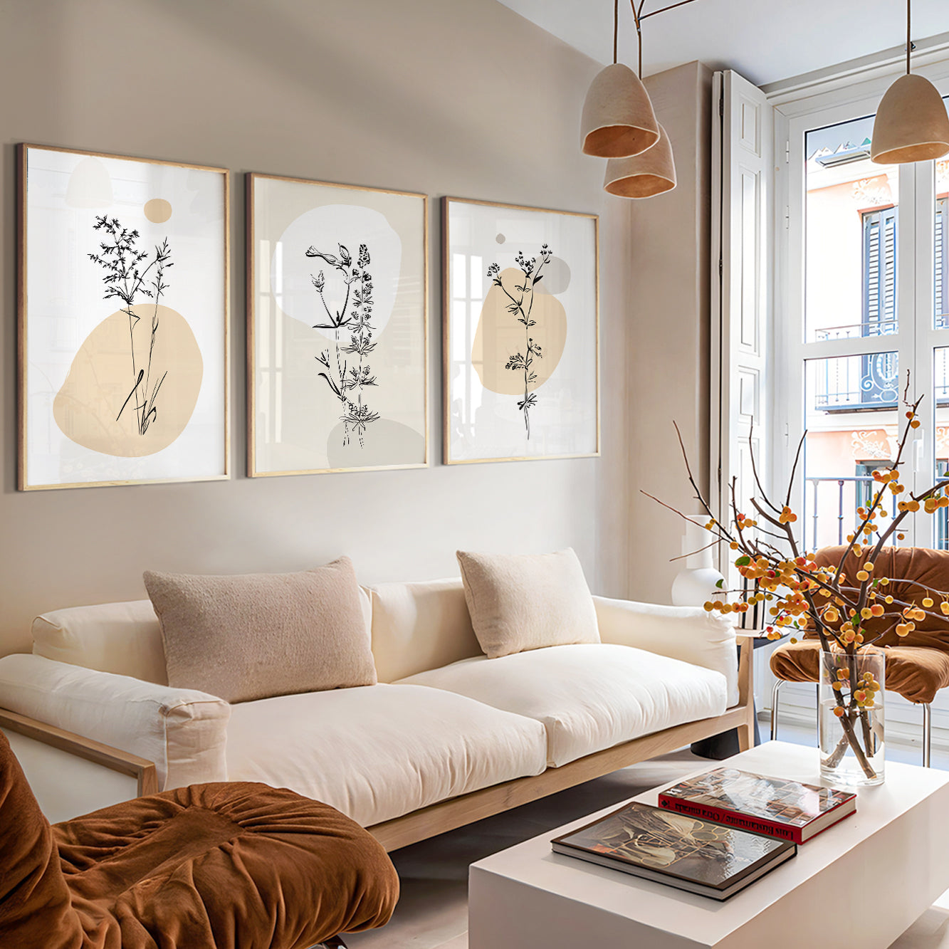 Modern botanical gallery wall featuring minimalist floral line art and abstract organic forms