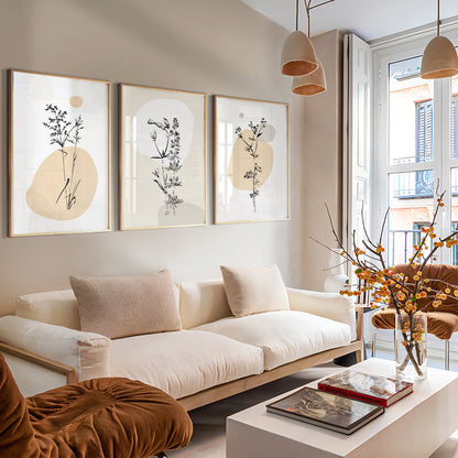 Modern botanical gallery wall featuring minimalist floral line art and abstract organic forms