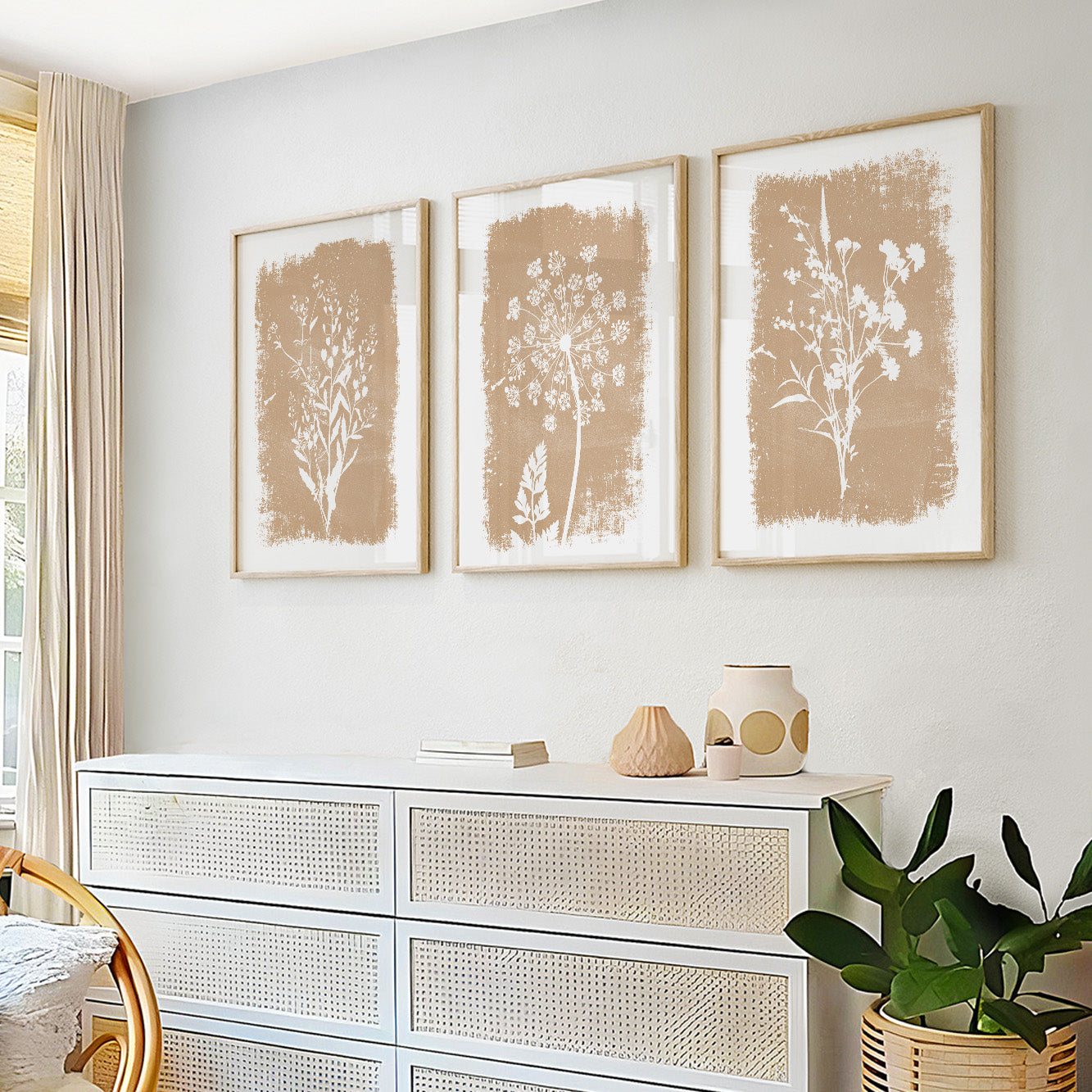 Organic Modern botanical wall art set with minimalist wildflower prints and textured backgrounds