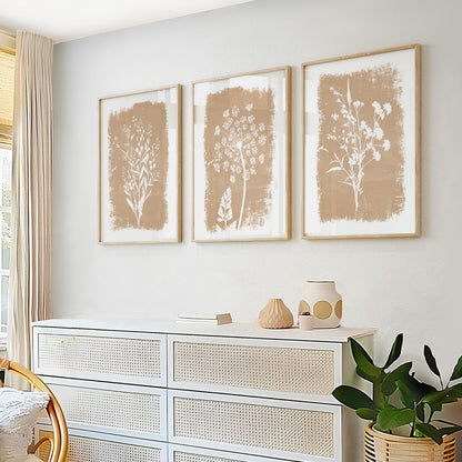 Organic Modern botanical wall art set with minimalist wildflower prints and textured backgrounds