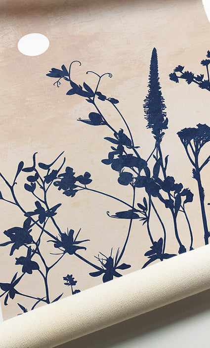 Meadow botanical wall décor with elegant floral silhouettes in navy blue
