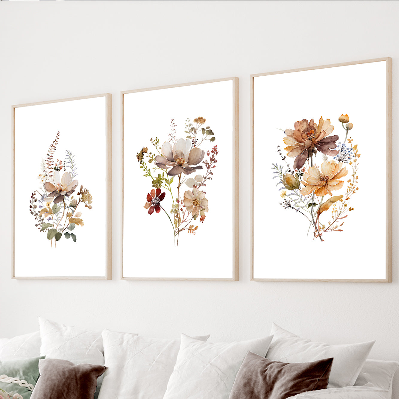 Neutral botanical wall art set of 3 featuring elegant watercolor flowers