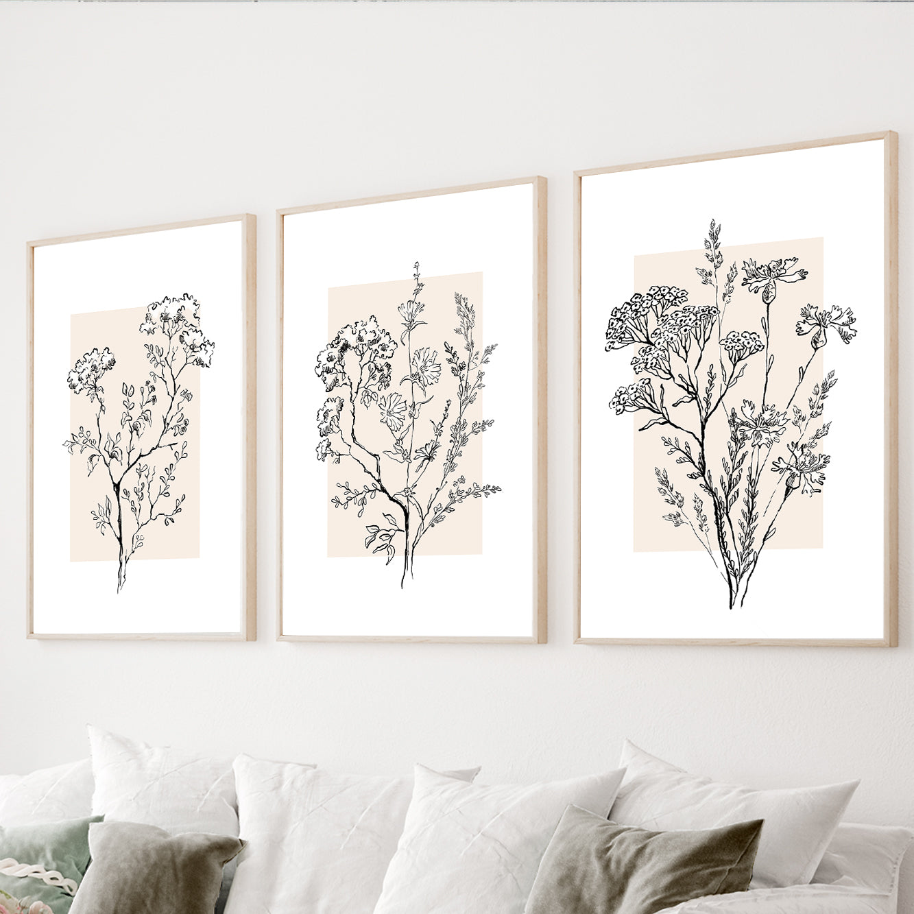 Neutral botanical wall art set of 3 with wildflower line drawings
