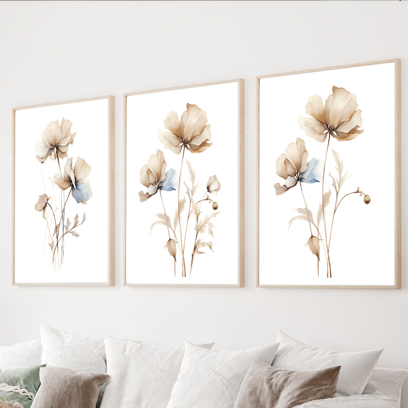 Neutral botanical wall art set of 3 with beige watercolor flowers