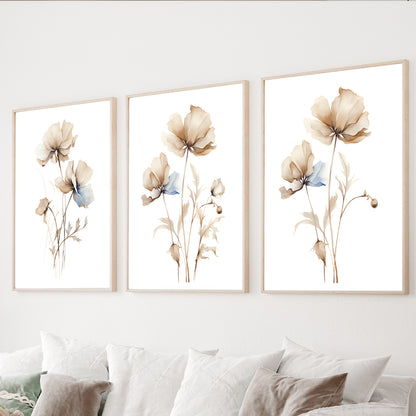 Neutral botanical wall art set of 3 with beige watercolor flowers