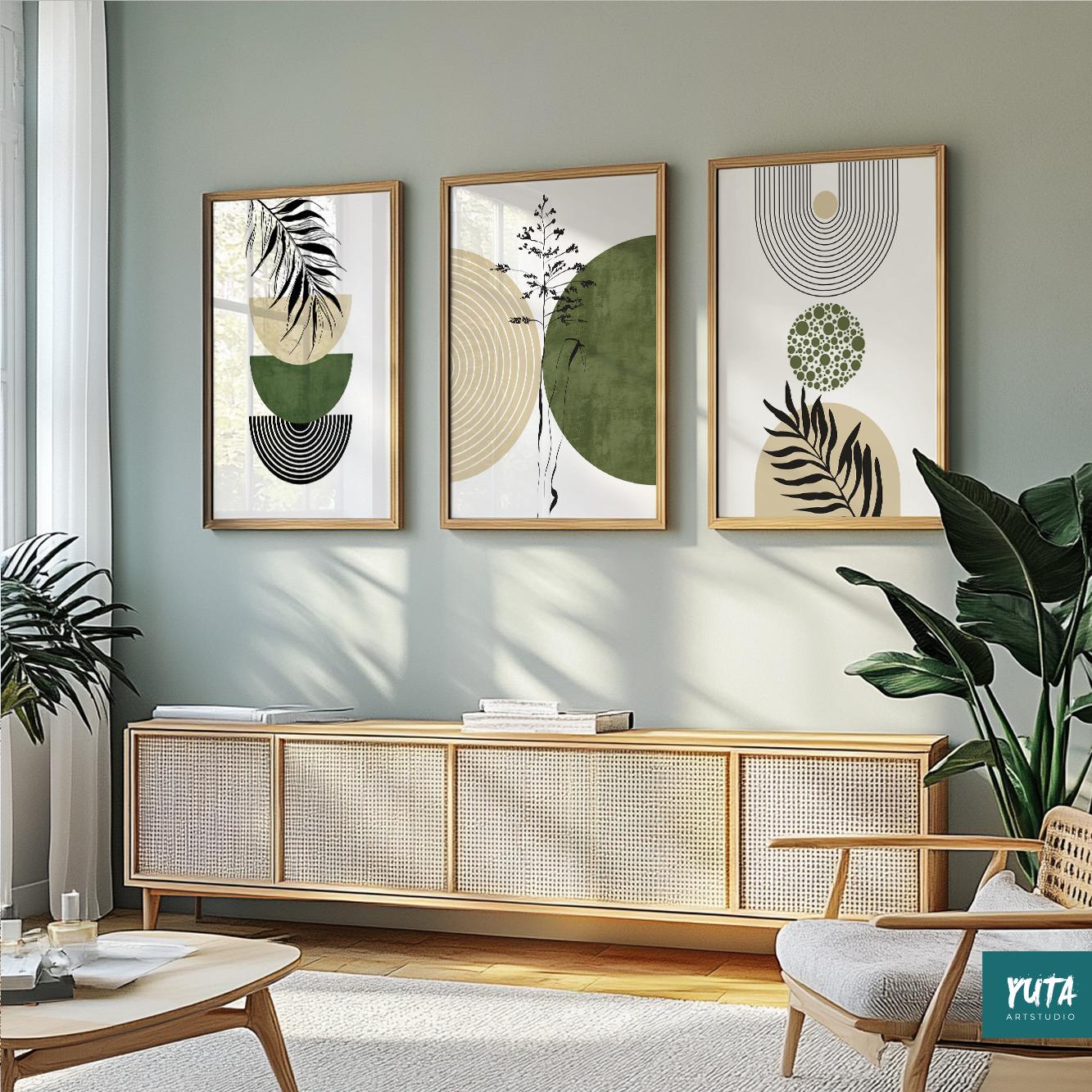 Neutral botanical wall art featuring sage green shapes, black botanical illustrations and minimalist geometric elements