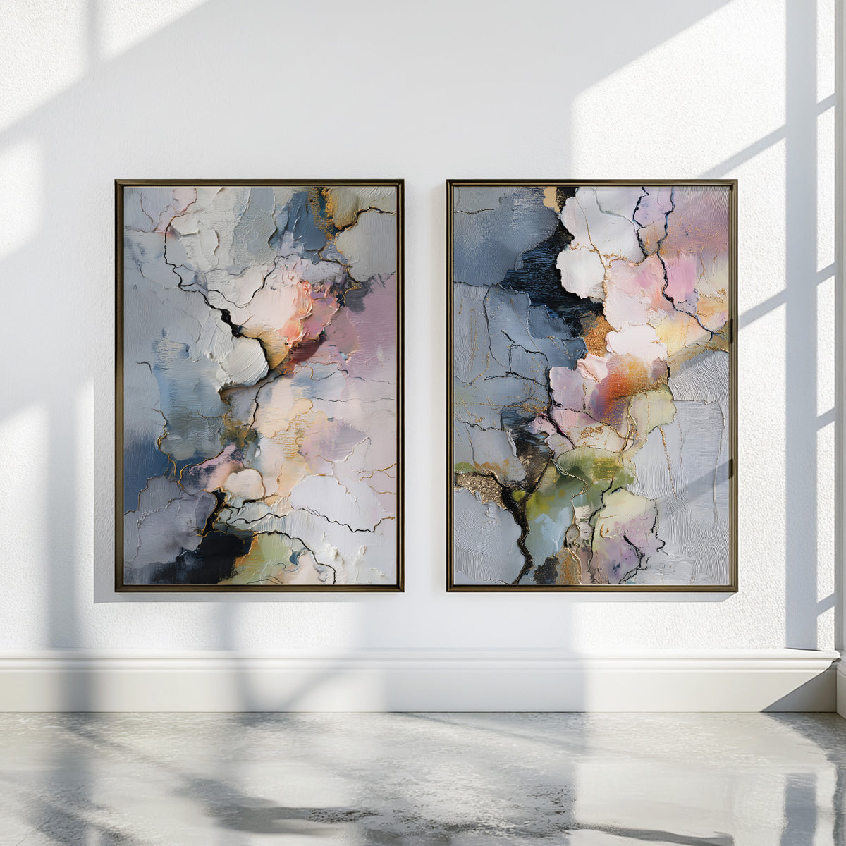 Neutral colorful abstract art pair featuring muted blue, blush, cream, sage green and subtle gold details.
