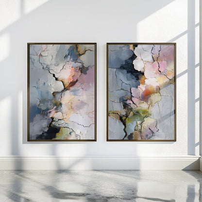 Neutral colorful abstract art pair featuring muted blue, blush, cream, sage green and subtle gold details.
