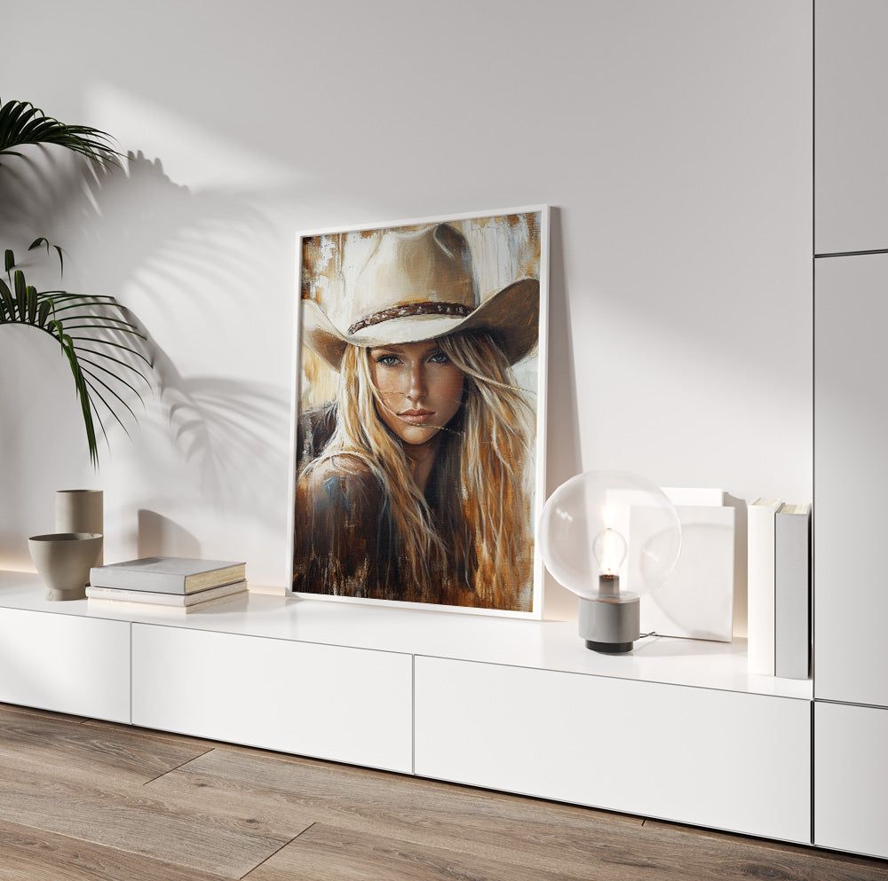 Neutral cowgirl portrait featuring a blonde woman in a beige western hat and brown clothing