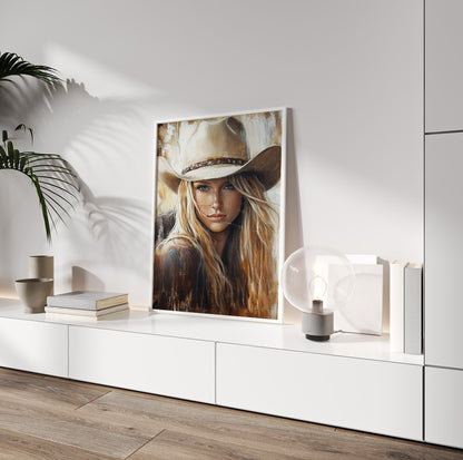 Neutral cowgirl portrait featuring a blonde woman in a beige western hat and brown clothing