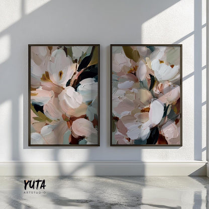Neutral floral canvas art featuring oversized flower petals, textured paint effects and organic modern design