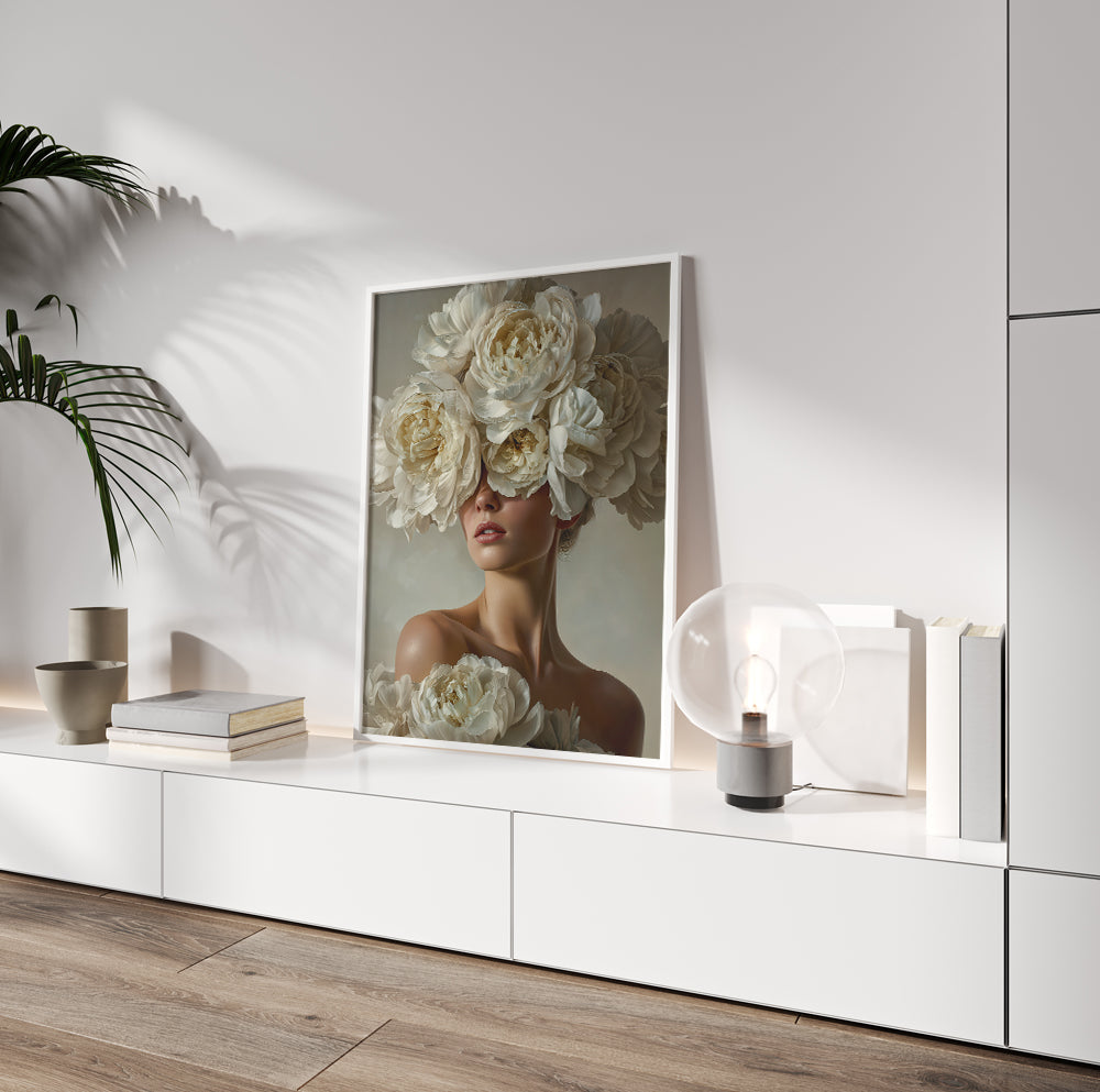 Neutral floral female wall art featuring an elegant woman surrounded by large cream and white flowers