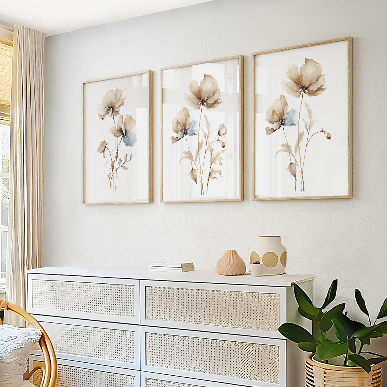 Contemporary botanical gallery wall featuring neutral watercolor flowers