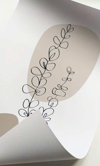 Neutral botanical prints with delicate flowers and leaves in black line art on cream backgrounds