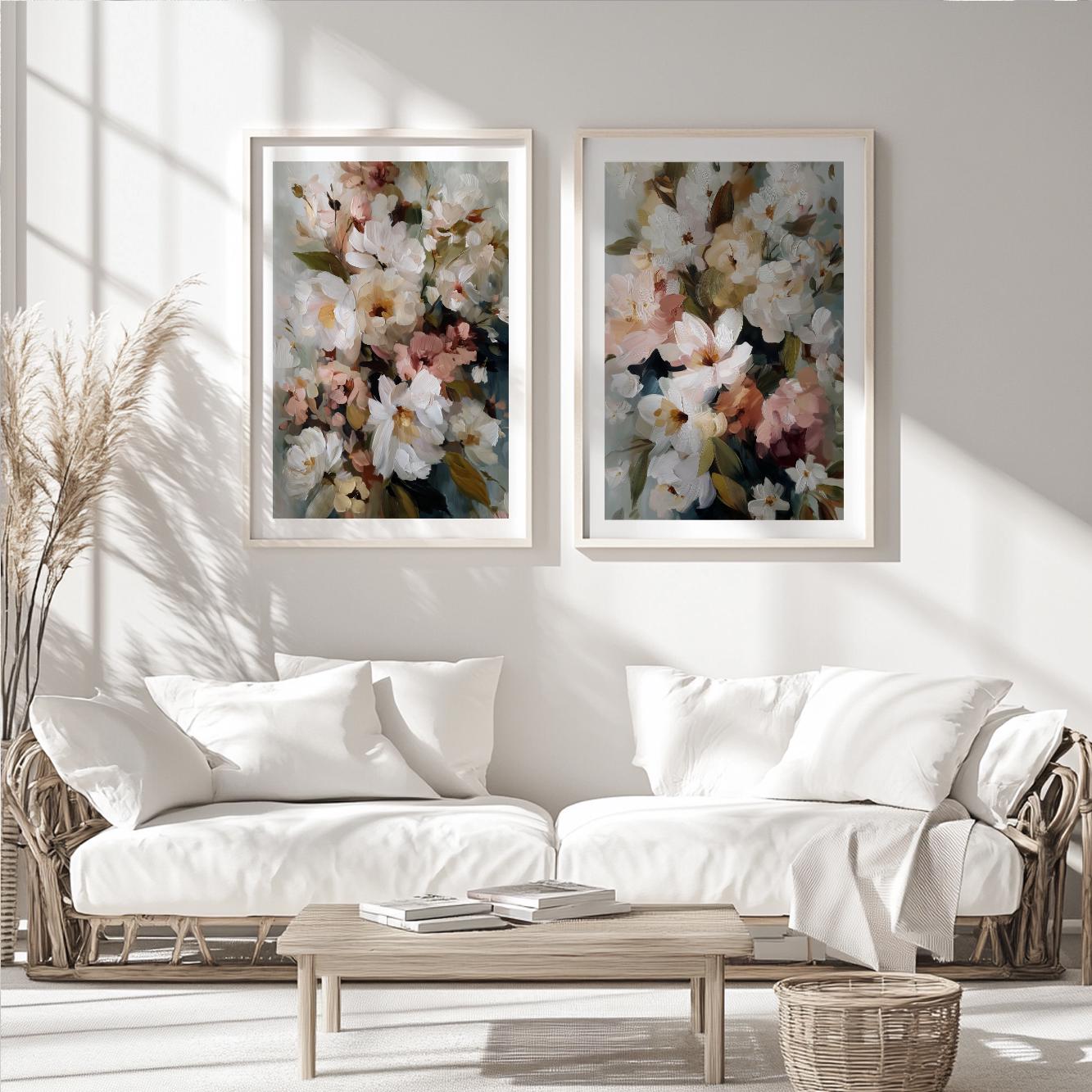 Neutral floral wall art featuring blooming white flowers with blush pink and green foliage