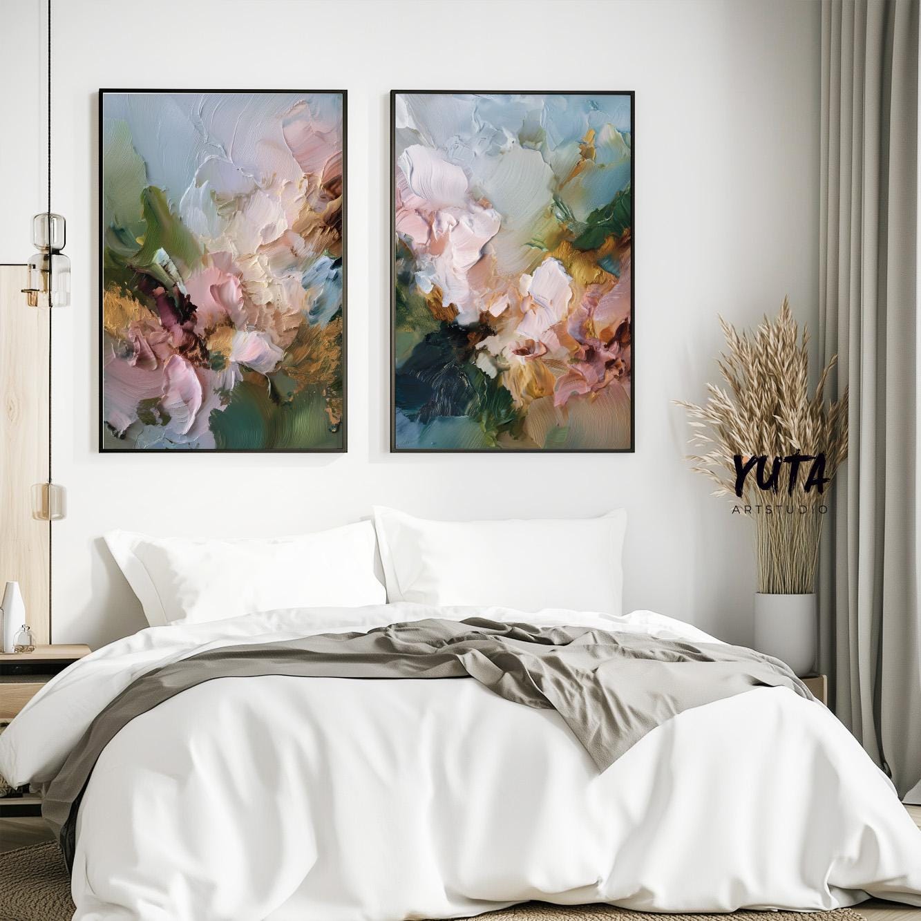 Neutral floral wall art with soft blush flowers, sage green accents and contemporary abstract design