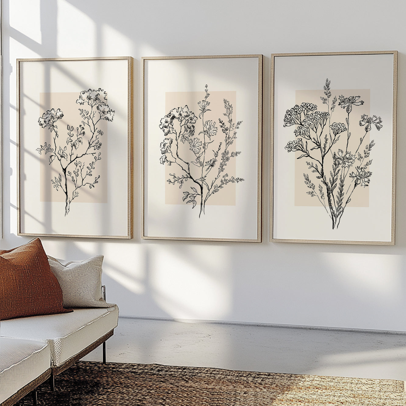 Minimalist botanical illustrations on neutral backgrounds