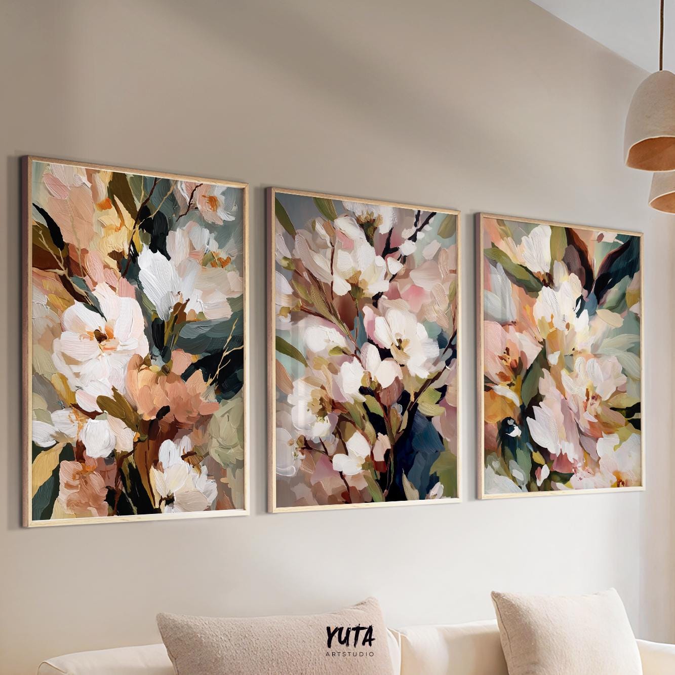 Modern botanical artwork with beige, blush and green brush strokes