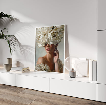 Neutral floral woman portrait featuring a woman surrounded by sculptural cream and white flowers