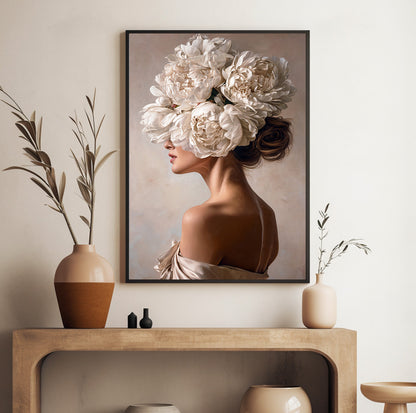 Neutral floral woman portrait featuring an elegant female figure in soft cream and beige tones