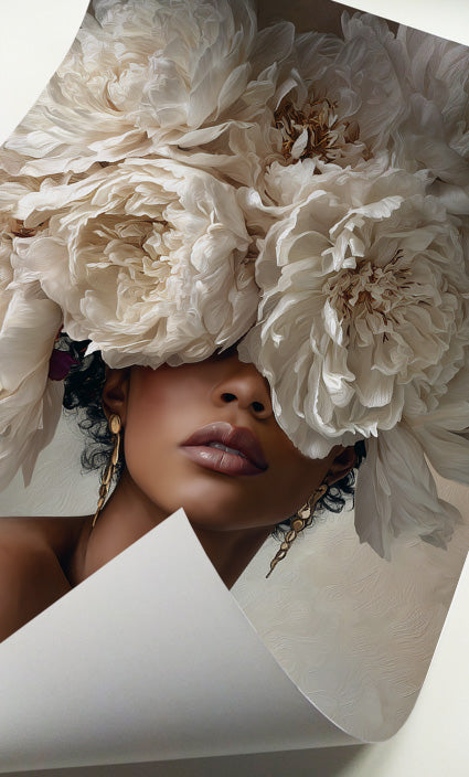 Neutral floral woman portrait featuring an elegant female figure with sculptural ivory flowers