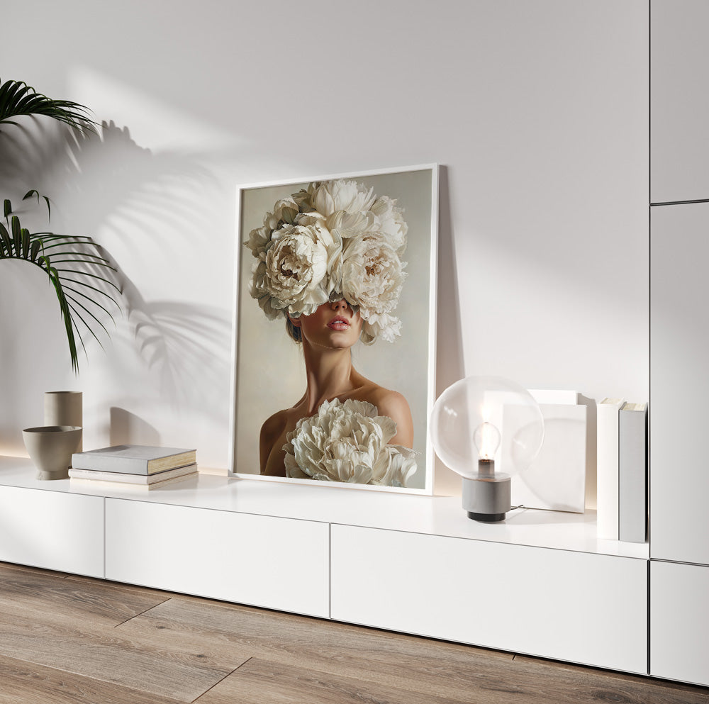 Neutral floral woman wall art featuring a woman surrounded by sculptural cream and white flowers