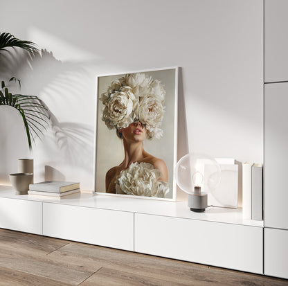 Neutral floral woman wall art featuring a woman surrounded by sculptural cream and white flowers