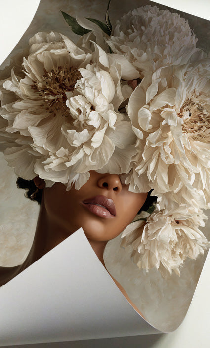 Neutral floral woman wall art featuring a woman surrounded by sculptural ivory flowers