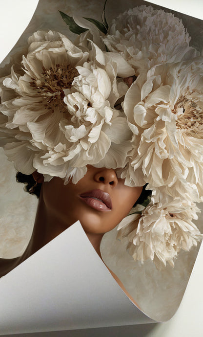 Neutral floral woman wall art featuring a woman surrounded by sculptural ivory flowers