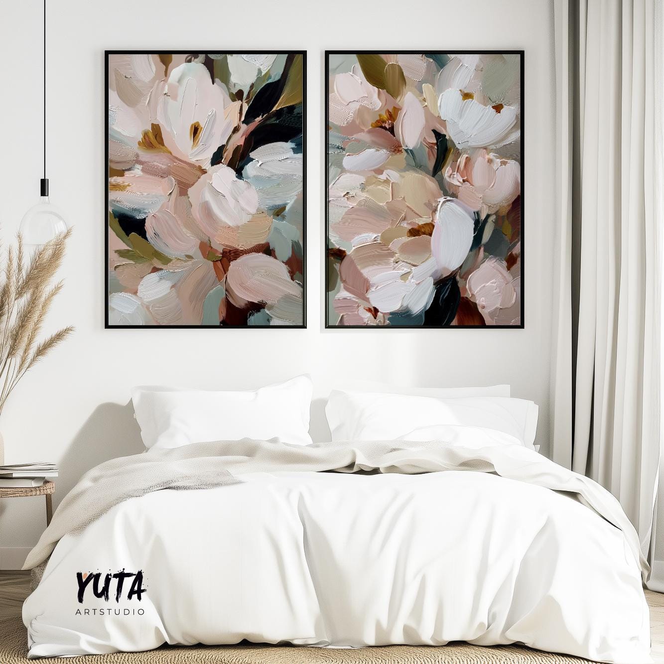 Neutral flower wall art set with oversized abstract petals in blush pink, ivory and sage green tones